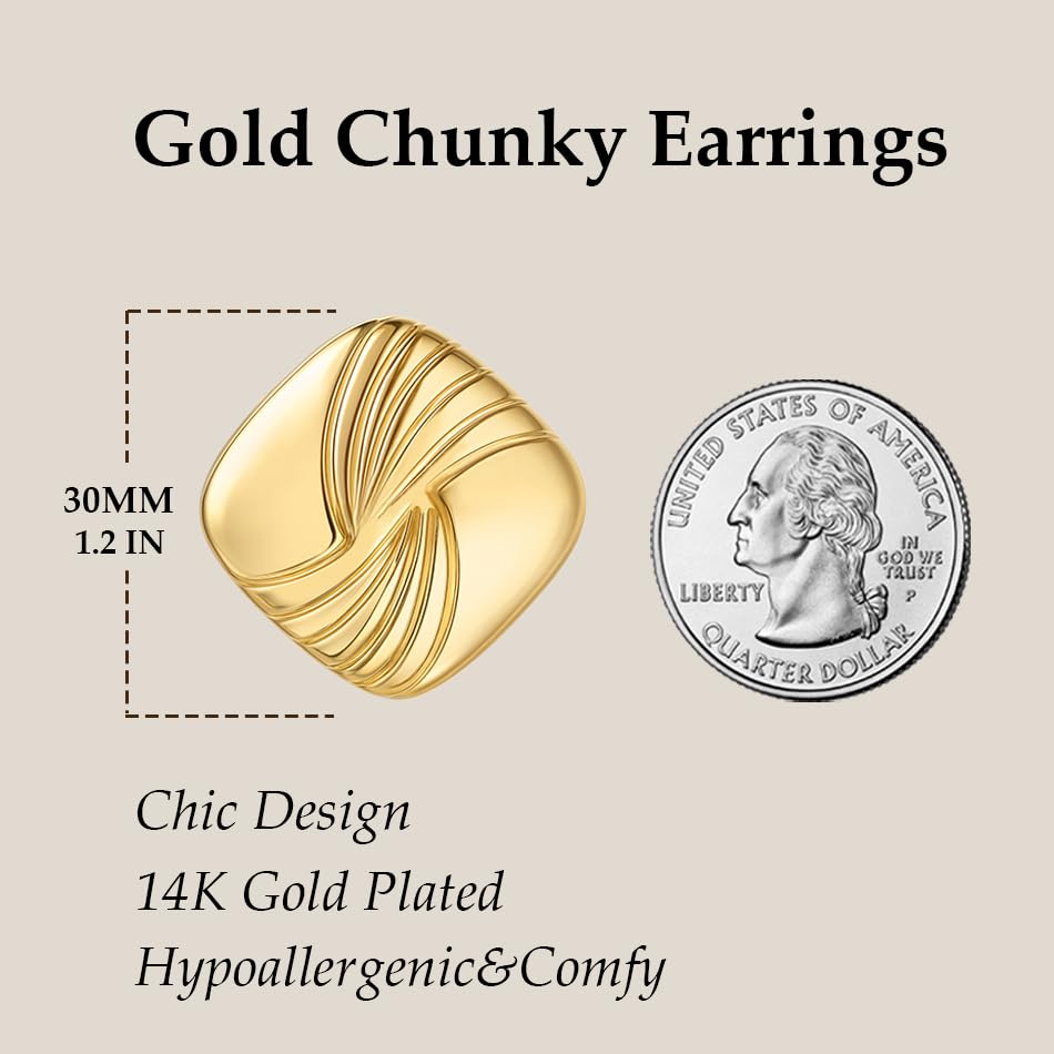 Gold Chunky Statement Earrings for Women, Trendy 14K Gold Plated Square Geometric Vintage Drop Dangle Designer Stud Earrings, Jewelry Gift - style: square-gold