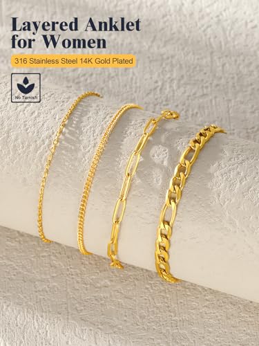 U7 2Pcs/3Pcs Ankle Bracelets for Women, Stainless Steel Cuban Link/Figaro/Rope/Heart Chain Anklets Sets,Waterproof Layered Anklets Adjustable 8.5"-10.5" - color: 05.4Pcs Style A-Gold