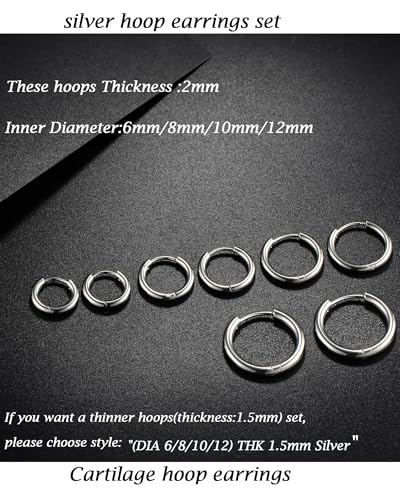 316L Surgical Stainless Steel Huggie Hoop Earrings 6mm 8mm 10mm 11mm 12mm 14mm Hypoallergenic Earrings Hoop Cartilage Helix Lobes Hinged Sleeper Earrings For Men Women - style: G02:4Pairs Silver(6mm/8mm/10mm/12mm)18G