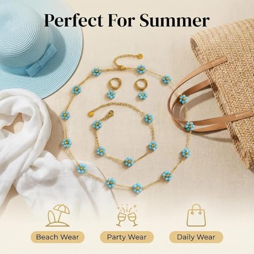 Daisy Pearl Jewelry Set for Women, 14K Gold Plated Stainless Steel Necklace Bracelet Earring 3 Piece Set, Dainty Pearl Choker Flower Necklace Birthday Gift for Her - color: Sky Blue