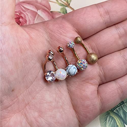 Belly Button Rings Stainless Steel 14G CZ Opal Navel Rings Barbells Women Girls Belly Piercing Jewelry - color: Rose Gold Color-Style A-5 PCS