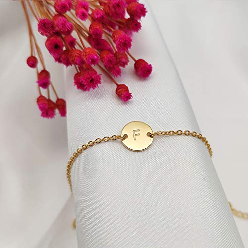 Ovian Initial Charm Bracelet for Women 18K Gold Plated stainless steel Coin Disc Engraved Letter Bracelet Personalized Monogram Name Bracelet - color: F1