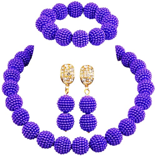 Nigerian Wedding African Beads Jewelry Set Women Simulated Pearl Necklace and Earrings - color: Dark Purple