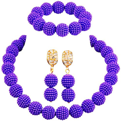 Nigerian Wedding African Beads Jewelry Set Women Simulated Pearl Necklace and Earrings - color: Dark Purple