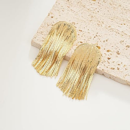 Sylph 14K 18K Gold Plated Chandelier Earrings for Women, Long Tassel Earring Huggie, Silver Leaf Dangle Drop Earrings, Dainty Bohemian Jewelry Gifts for Wedding Everyday Wear - color: C-18K Gold Plated Fringe Earrings