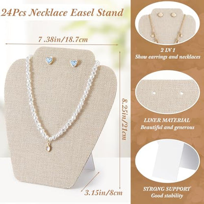 Wenqik 24 Pcs Foldable Necklace Display Stand Bulk for Vendor 7.38x8.25in Beige Linen Jewelry Bust Holder with Earring Holes - color: Light Color