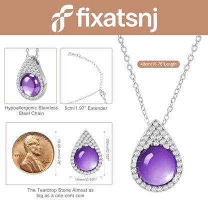 Women Trendy Faux Crystal Pendant Necklace 18K Gold/Silver Plated | CZ Halo Teardrop Drop Pendant Necklace Lightweight Fashion Jewelry Set Stackable For Wedding Daily Wear - color: Purple