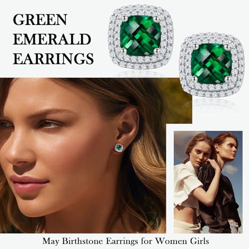 Dainty Birthstone Earrings for Women Sterling Silver Small Stud Earrings with Halo Cushion/Round Created Gemstone Earrings Birthstone Jewelry - style: A 05. May/created emerald-cushion cut