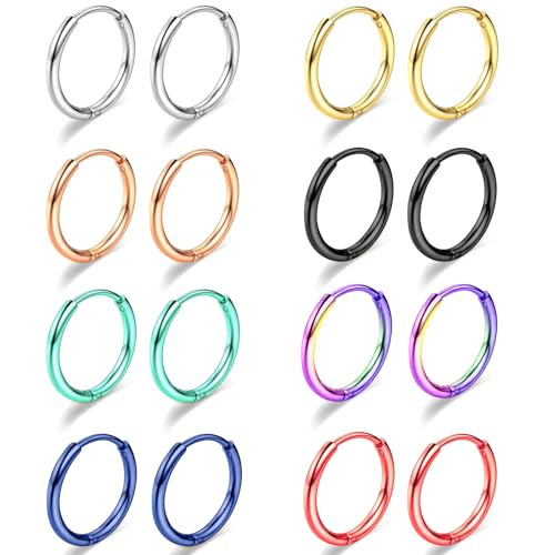 ONESING 10 Pairs Mens Hoop Earrings Stainless Steel Silver/Black Mens Earrings Hoop Hypoallergenic Huggie Hoop Earrings for Men Women Multiple Piercings 8mm/10mm/12mm/14mm/16mm - color: Colorful
