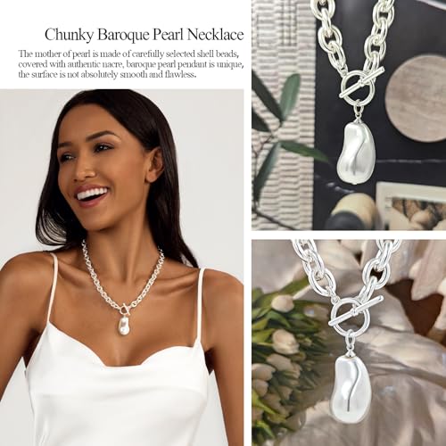 Zeffy 14K Gold/Silver Plated Chunky Thick Chain Toggle Clasp Necklace Dainty Baroque Pearl/Heart/Cross/Turquoise Pendant Necklace - color: Silver Baroque Pearl Necklace