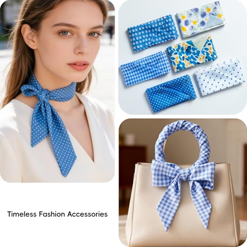 ZXZH 6 Pack Fashion Scarves for Women, Versatile Boho Head Scarf | Satin Scarf for Hair, Neck, Wrist, and Purse Accessories - color: Blue Preppy Print