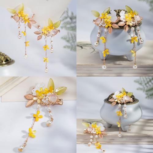 A Pair Wedding Hair Clips, Handmade Floral Design Crystal Hair Clips Pearl Barrettes, Rhinestones Flower Clips Pearl Headpieces Hair Pins Hair Accessories for Women Girls (Yellow) - color: Yellow