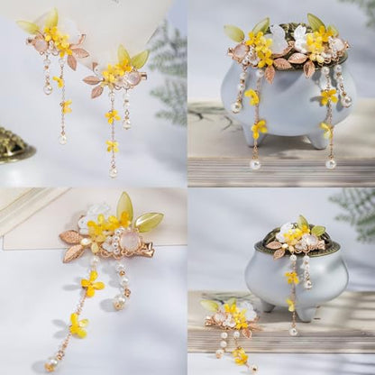 A Pair Wedding Hair Clips, Handmade Floral Design Crystal Hair Clips Pearl Barrettes, Rhinestones Flower Clips Pearl Headpieces Hair Pins Hair Accessories for Women Girls (Yellow) - color: Yellow