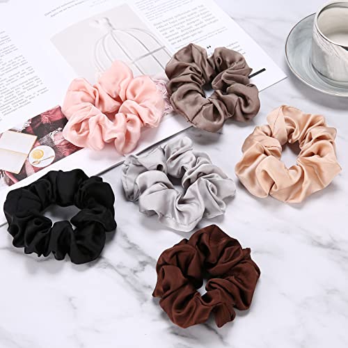 Lolalet Scrunchies for Women, Satin Hair Softer Than Silk Ties Sleep, Big Scrunchy Ponytail Holder with Elastic Bands Girls Thick Thin Curly -6 Pack, Style A - color: 1 - Satin/Black, Grey, Light Brown, Pink, Champagne, Chocolate