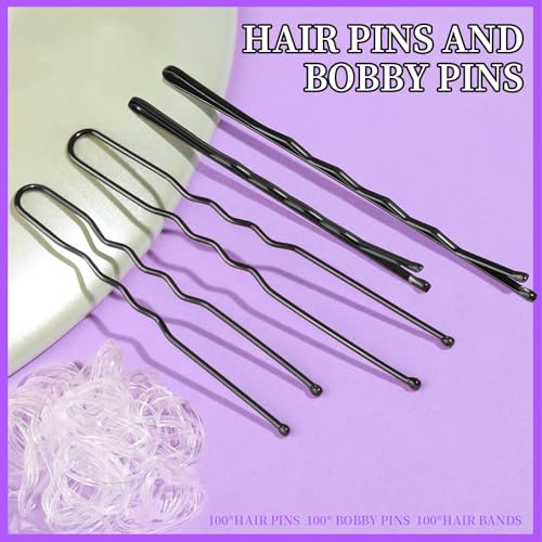 Teenitor 300pcs Hair Pins Bobby Pins Black, 100 Black Bobby Pins 2" 2.75"100 Hair Pins for Women and 100 Clear Hair Bands Kit, U Pins for Buns 2" 2.36" - color: Black
