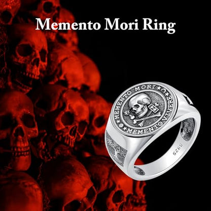 Memento Mori Ring 925 Sterling Silver Gothic Skull Signet Rings Tree of Life for Men Stoic Jewelry Memento Vivere Gifts - color: Silver