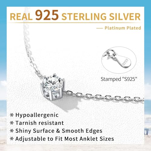 ChicSilver 925 Sterling Silver Anklets for Women, Simple Dainty Round/Heart Birthstone Ankle Bracelet Beach Foot Jewelry, 8.7-10.7 Inch Adjustable - color: 04. Round - April(Diamond)