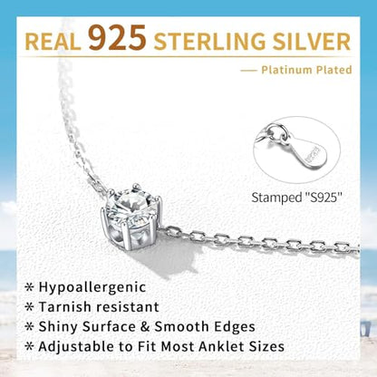 ChicSilver 925 Sterling Silver Anklets for Women, Simple Dainty Round/Heart Birthstone Ankle Bracelet Beach Foot Jewelry, 8.7-10.7 Inch Adjustable - color: 04. Round - April(Diamond)