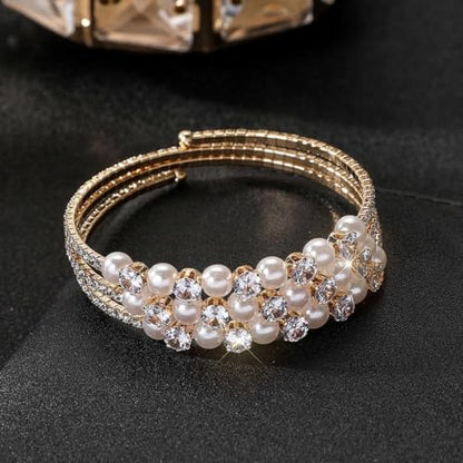 Gold Crystal Faux Pearl Beaded Bracelet for Women,Sparkling Rhinestone Layered Statement Cuff Bracelet Wedding Bridal Jewelry Accessories - color: Golden