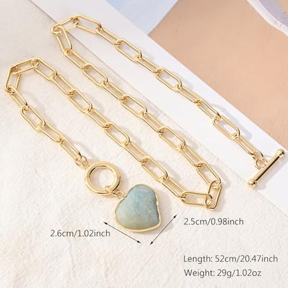 14K Gold Plated Two Sides Carved Stone Heart Shape Necklace for Women Love Pendant Necklace Jewelry for Daily and Gifts - color: Amazonite