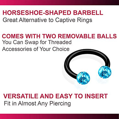 2pcs 16g Circular Barbell Black Titanium G23 Ear Helix Lip Eyebrow Tragus Nose Snake Septum Cartilage Bite Ring B2ICT - color: Aquamarine