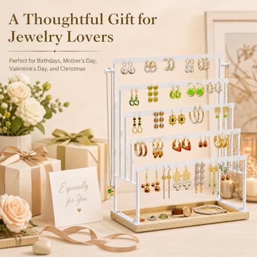 Large 5 Tier Earring Organizer and Holder, White | 100+ pair earring storage, jewelry holder stand, clean white finish, ideal for bright bedrooms and modern vanities - color: White