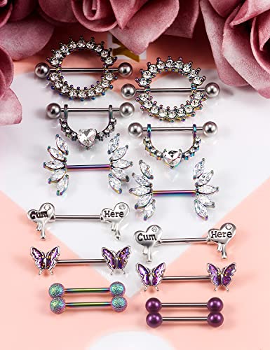 Cisyozi Butterfly Nipple Rings 14G Nipple Piercing Jewelry Stainless Steel Nipple Tongue Ring Barbell Piercing Jewelry for Women 14mm Silver Black Purple Rose Gold 7Pairs - color: 14G(1.6mm) Purple Set