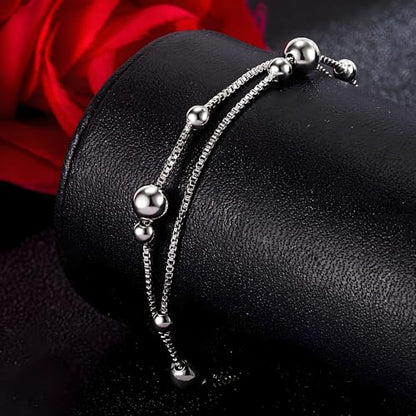 925 Sterling Silver Double Layer Box Chain Beaded Anklet | Italian Style Chain, Dual-purpose Anklet/Bracelet with Lobster Clasp, Adjustable Up to 11 Inches for Women