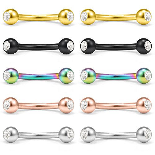 Ruifan 10PCS Mix Color Double Jeweled Diamond Curved Barbell Eyebrow Tragus Lip Ring 16g 8mm - color: Mix Color