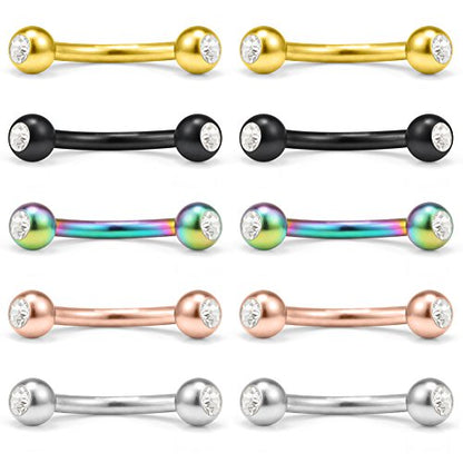 10PCS Mix Color Double Jeweled Diamond Curved Barbell Eyebrow Tragus Lip Ring 16g 8mm - color: Mix Color