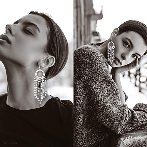 Bohemian Boho Tassel Dangle Drop Earrings for Women – Lightweight Filigree Gypsy Coin Chandelier Disc Charm Hoops – included Gift Box - style: Round - Silver