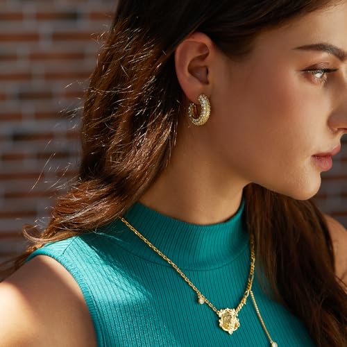 FRUMOS 18K Gold Plated Chunky Hoop Earrings for Women Fashion Thick Gold Hoops Set Jewelry for Birthday Christmas Gifts - color: Gold Full CZ Paved Hoop