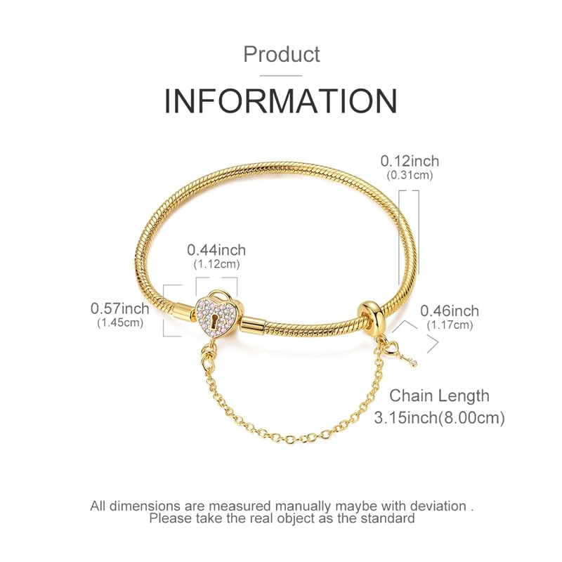 Star moon Mouse Clasp Snake Chain Bracelet 925 Sterling Silver Safety Chain Charm Christmas Mother’s Day Jewelry Gifts for Women - color: Gold Heart Key and Padlock Charm Bracelet, size: 19cm