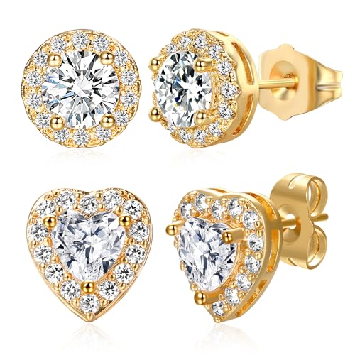 MDFUN Halo Stud Earrings 18K Gold Plated Round/Square/Heart/Teardrop Cubic Zirconia Earrings Set for Women - color: B-Round/Heart