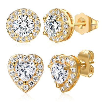 MDFUN Halo Stud Earrings 18K Gold Plated Round/Square/Heart/Teardrop Cubic Zirconia Earrings Set for Women - color: B-Round/Heart