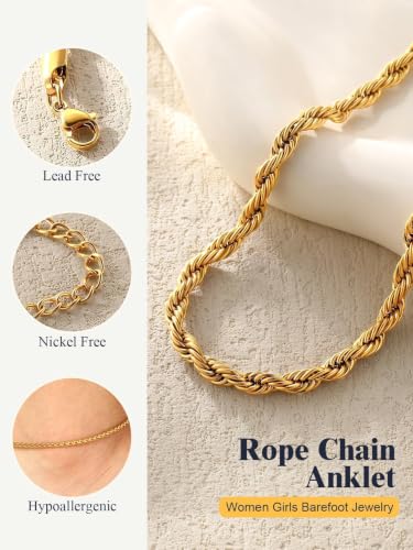 U7 Ankle Bracelets for Women Stainless Steel Waterproof Tarnish Resistant | 18K Gold Plated/Silver/Rose Gold Anklets, Cuban Chain Anklet Bracelets, Perfect for Summer Beach and Vacation Outfits - color: Gold Plated-3mm-Rope Chain
