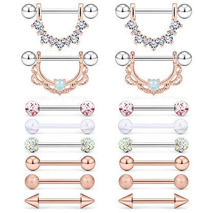 SCERRING 8 Pairs 14G Stainless Steel Clear CZ Nipple Ring Tongue Straight Barbell Rings Bars Retainer Body Piercing Jewelry for Women Men 9/16Inch - color: 8 Pairs - Rose Gold CZ