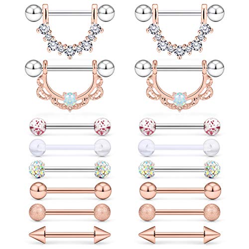 SCERRING 8 Pairs 14G Stainless Steel Clear CZ Nipple Ring Tongue Straight Barbell Rings Bars Retainer Body Piercing Jewelry for Women Men 9/16Inch - color: 8 Pairs - Rose Gold CZ