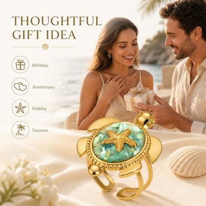 Adjustable Starfish & Tortoise Ring for Women – 18K Gold-Tone Plated Stainless Steel Open Band, Ocean-Inspired Jewelry with Shell Inlay,Comfort-Fit Statement Ring for Summer, Beach & Everyday Wear