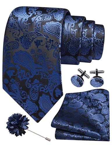 GUSLESON 3.15"（8cm） Mens Paisley Tie and Lapel Pin Necktie Hankerchief Cufflinks Set for Men - color: Dusty Blue