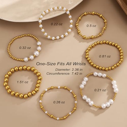 KISS WIFE Gold Beaded Bracelets for Women, Stackable Stretch Bracelet Set | 13 stretch bracelets combine polished gold-tone beads and faux pearls for stacked or individual everyday styling. - color: Gold Stainless Steel