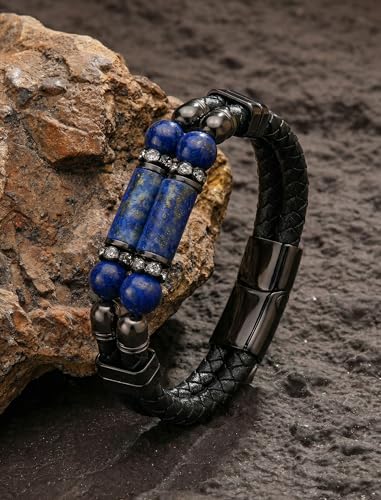 Mens Leather Turquoise/Tiger Eye/Obsidian/Lava Stone Bracelet–Braided Multi‑Layer Wristband Cuff Bangle Barcelet–Jewelry Box and Pouch Packing - color: Lapis Lazuli, size: 9in(Fits larger wrists)