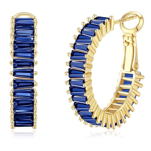 Trendy 14K Gold Plated Hoop Earrings for Women, Chunky Gold/Silver Earrings for Women Cubic Zirconia Baguette Hoop Earrings Heart Hoops Lightweight Hypoallergenic Jewelry,25mm/35mm/40mm/50mm - color: 01 Gold Blue Hoops 25mm