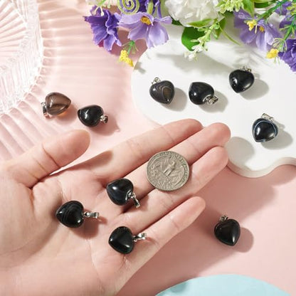 10Pcs Heart Stone Charm Pendants Natural Obsidian Gemstone Pendants with Platinum Brass Loops for DIY Necklace Keychains Earring Crafts Supplies - color: Obsidian