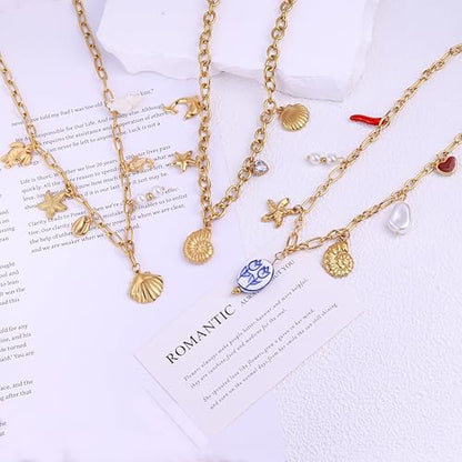 2 PCs Gold Plated Necklace Set for Women - Non Tarnish Jewelry Gift with Fashion Design - style: Charm