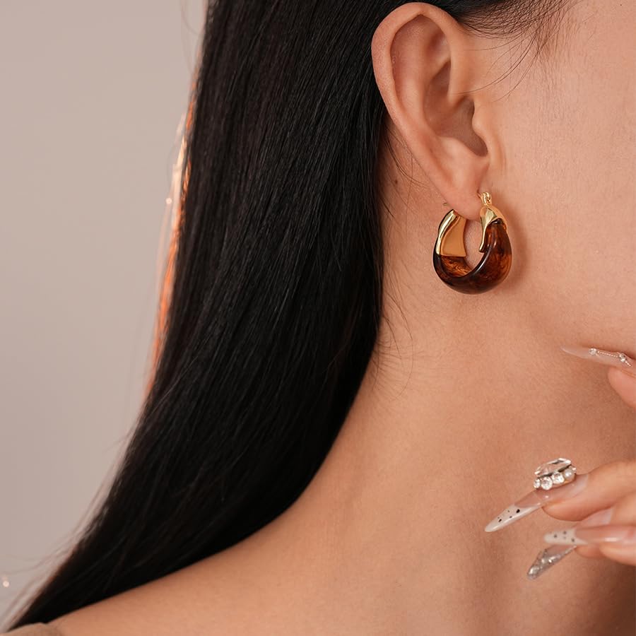 Acrylic Hoop Earrings for Women Trendy 14k Gold Plated Resin Hoop Earring Chunky Statement Hypoallergenic Hoops Earring Jewelry Gift