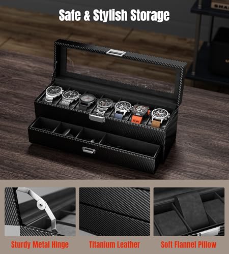 Watch Case Box for Men - 7 SLots Watches Storage Organizer Real-Glass Display Case with Jewelry Drawer 2-Layer Ti Pu Leather Collection Holder Gift for Love Ones Metal Black - size: 7 Slots, Metal Black