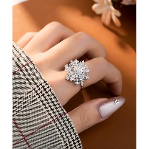 Cocktail Rings Silver Rose Flower Ring for Women Adjustable 18K Gold Plated Snowflake Open Wrap Wedding Statement Valentine Gift for Lover Wife Christmas - style: JZ06 Flower Ring-Rose