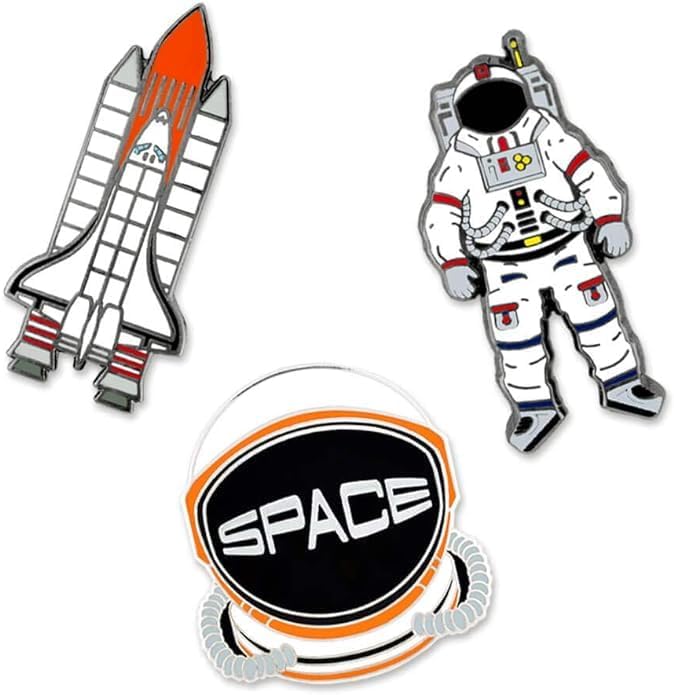 PinMart Outer Space Enamel Lapel Pin - color: Astronaut/Helmet/Rocketship Set Nickel Plated, size: 3 Pack