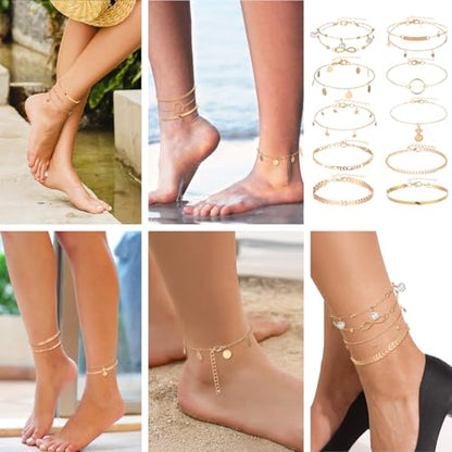 12pcs Gold/Silver Ankle Bracelets for Women Layered Waterproof 14k Cuban Link Chain Anklets Set Adjustable Dainty Summer Beach Gold Accessories Boho Bracelet Jewelry - style: 10PCS Style D